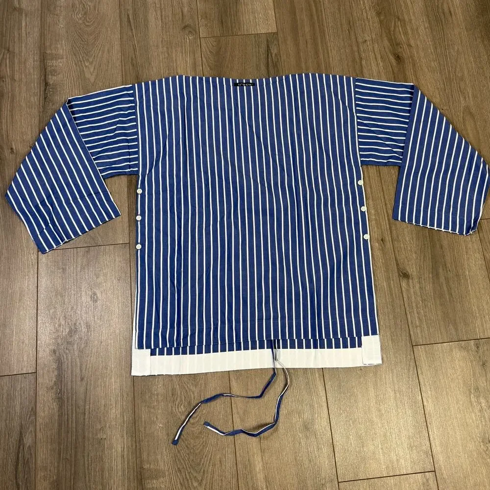 J.Crew Ciel Top WMNS XS Deep Sea Stripe Poplin Waist Tie Side Button Long Sleeve